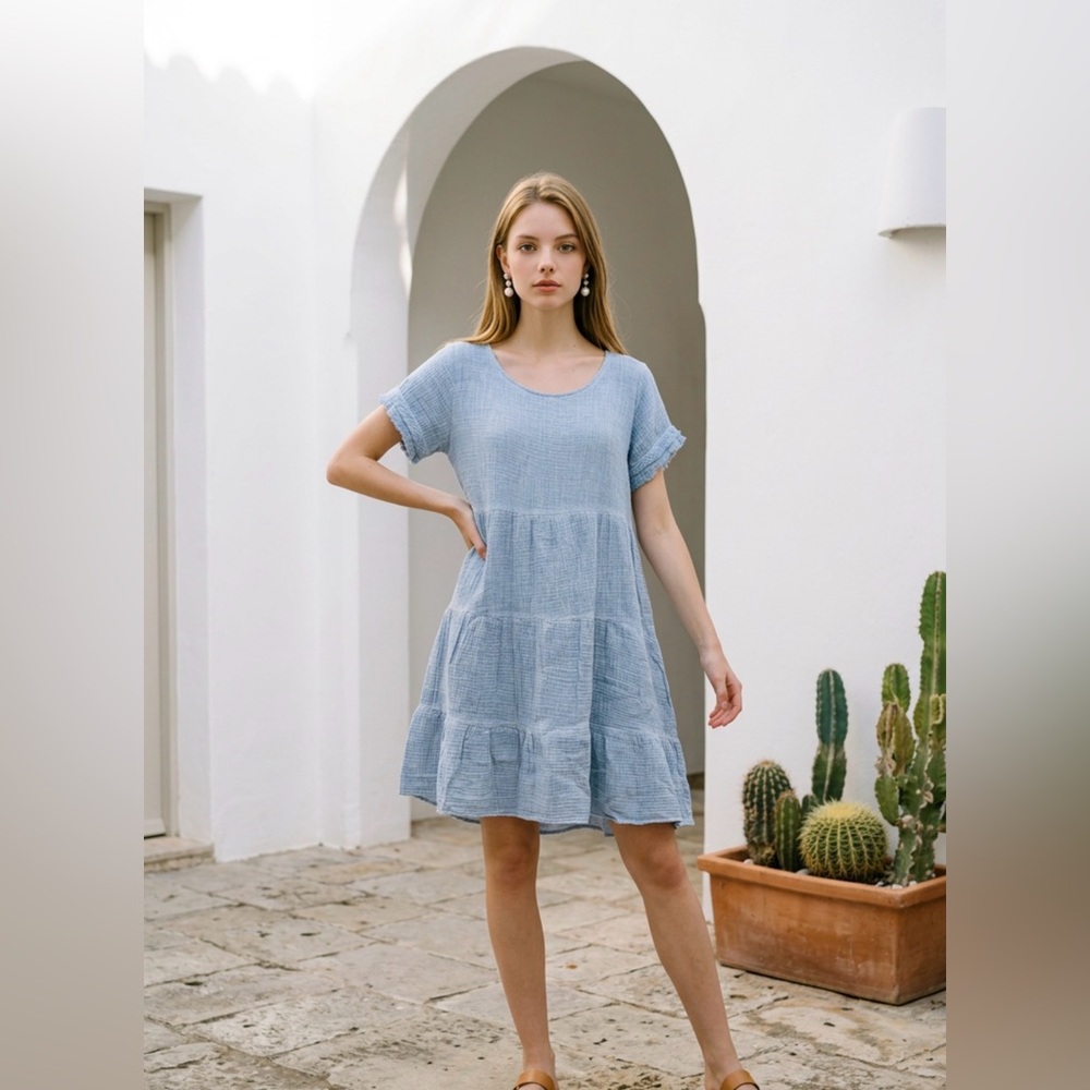 Kaktus Powder Blue Gauze Tiered Mini Dress